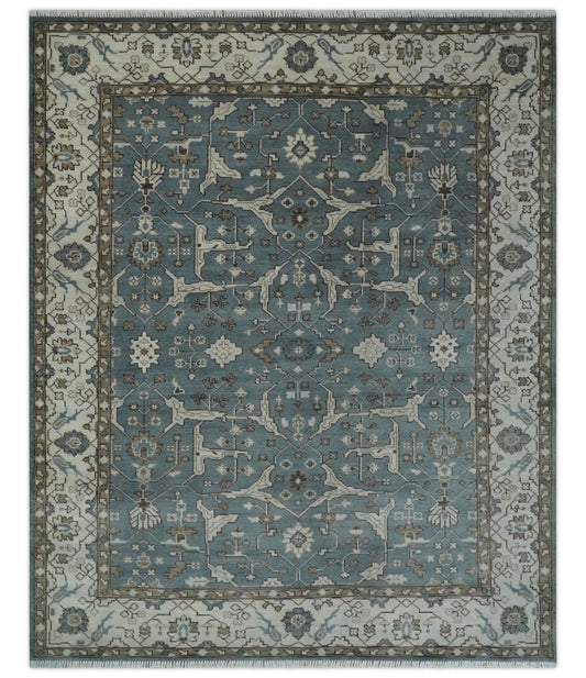 Custom Made Traditional Hand Knotted Blue, Ivory and Brown Oriental Oushak wool Area Rug