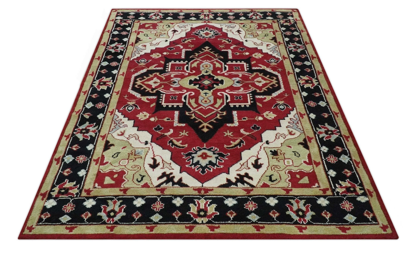 Custom Made Traditional Heriz Maroon, Olive and Black Floral Hand Knotted wool Rug