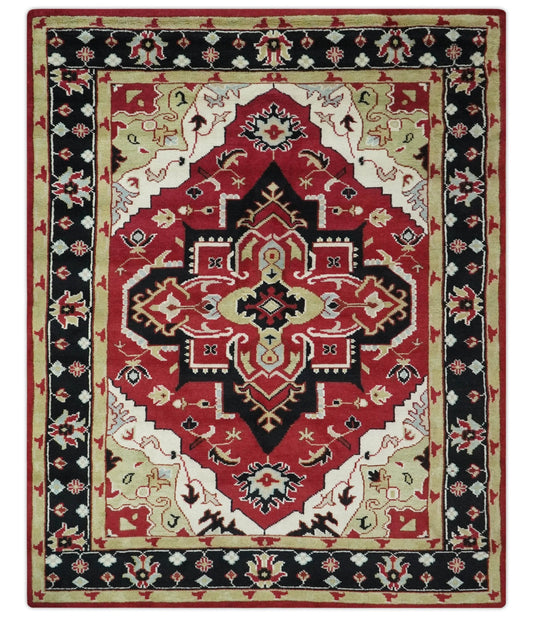 Custom Made Traditional Heriz Maroon, Olive and Black Floral Hand Knotted wool Rug