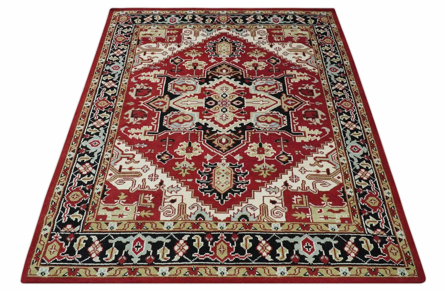Custom Made Traditional Heriz Rust, Ivory, Black and Beige Hand knotted Medallion Wool Area Rug