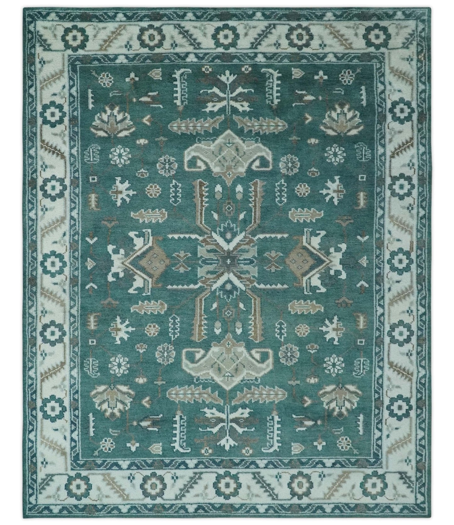 Custom Made Traditional Mamluk Design Teal, Ivory and Brown Hand Knotted wool Area Rug