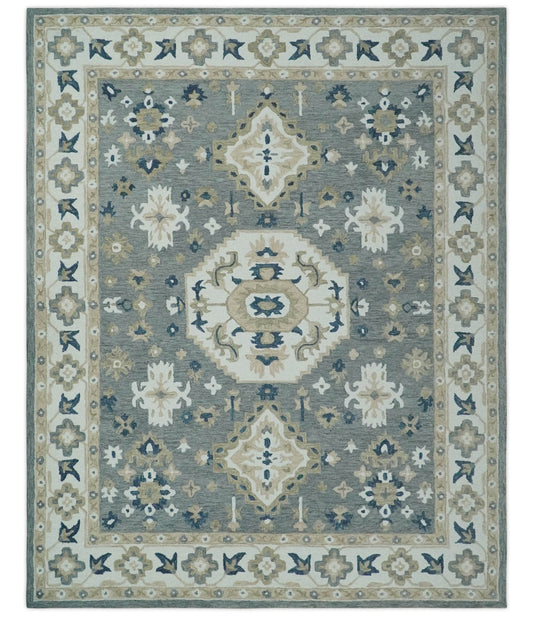 Custom Made Traditional Medallion Gray, Ivory, Beige and Blue Hand Tufted wool Area Rug