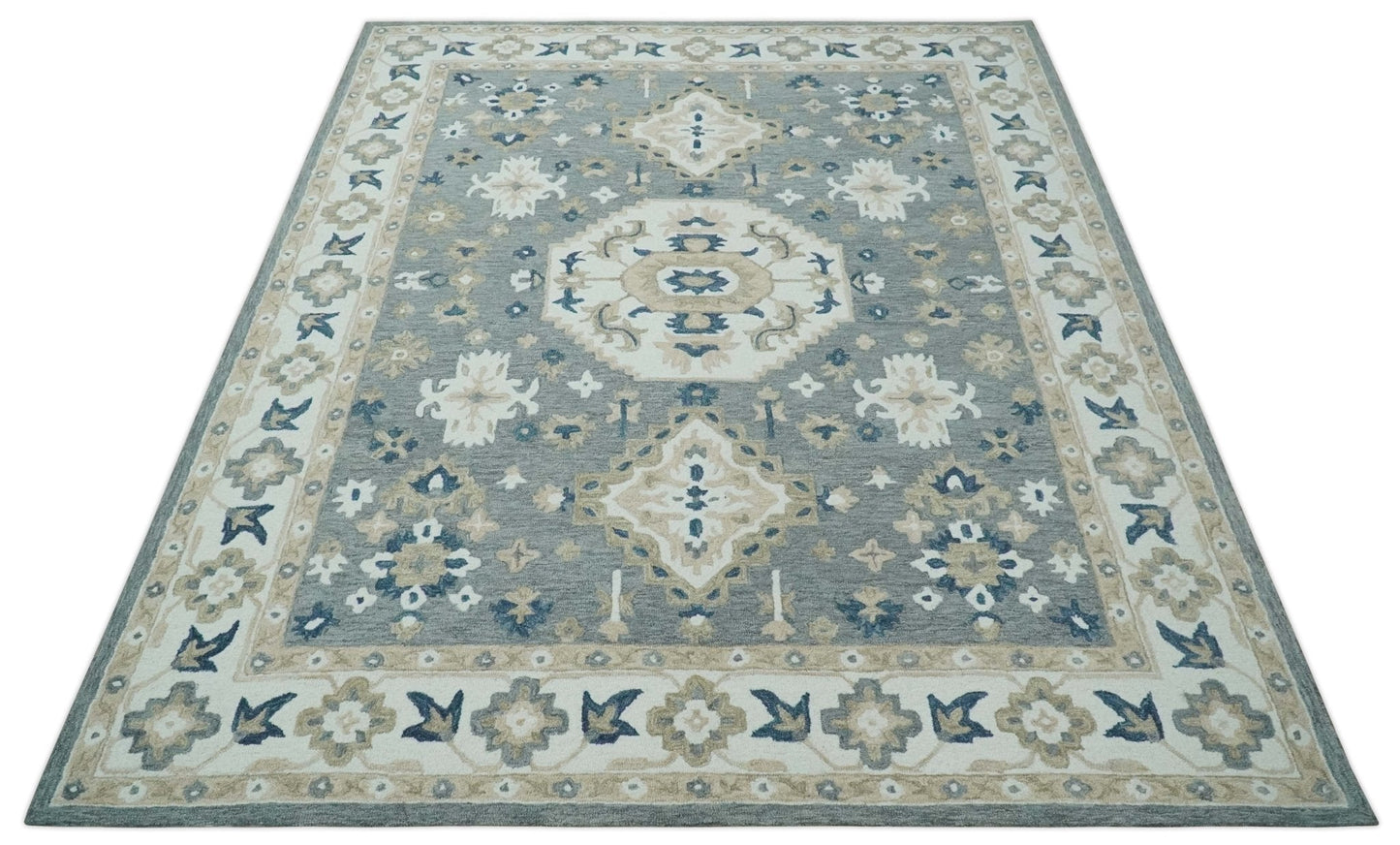 Custom Made Traditional Medallion Gray, Ivory, Beige and Blue Hand Tufted wool Area Rug