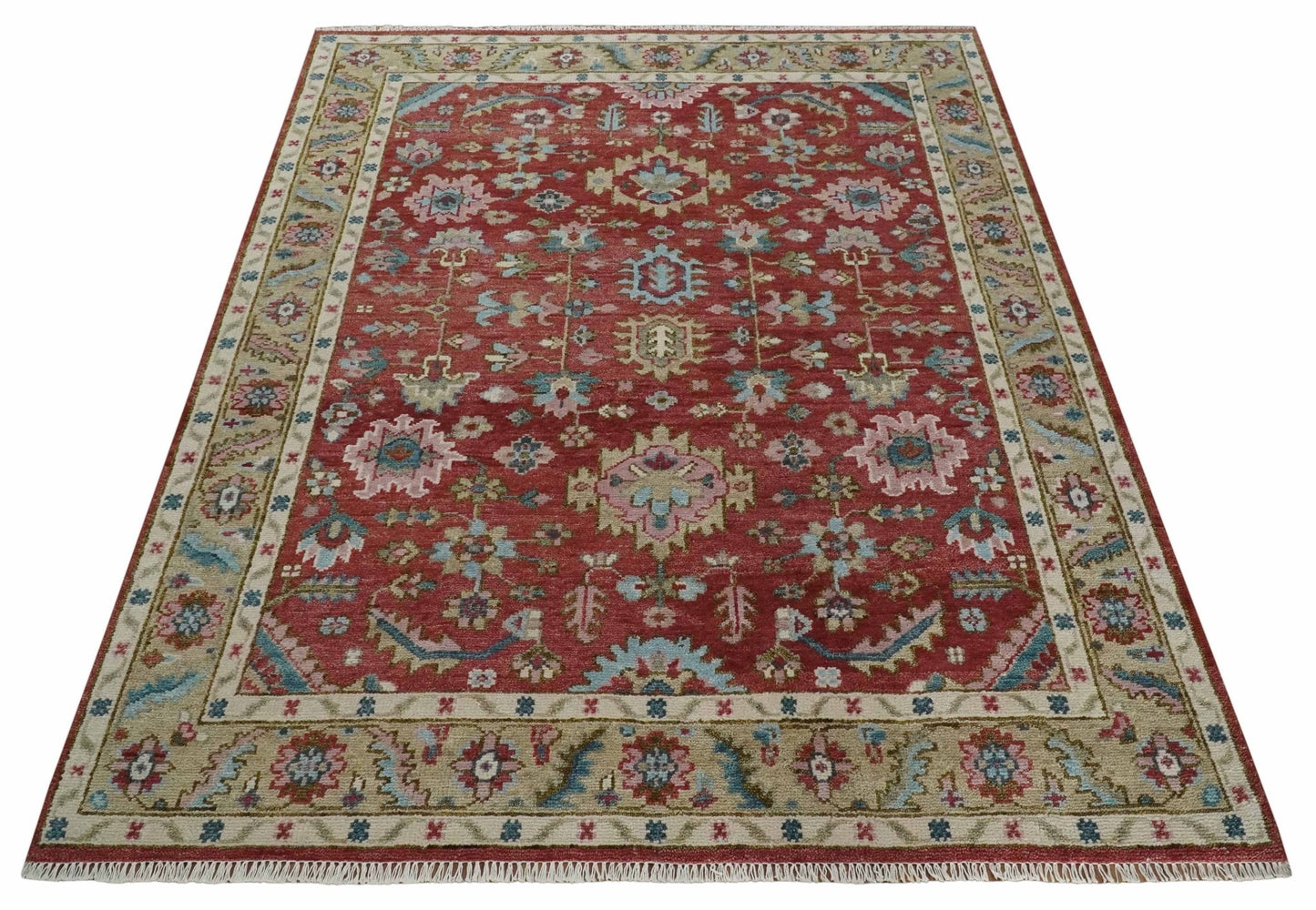 Custom Made Traditional Oushak Rust, Beige and Teal Hand knotted wool Area Rug