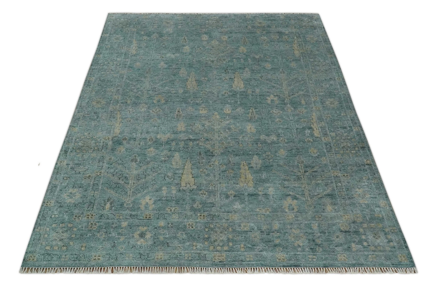 Custom Made Tree of Life Hand Knotted Teal and Beige Traditional Oushak Wool Area Rug