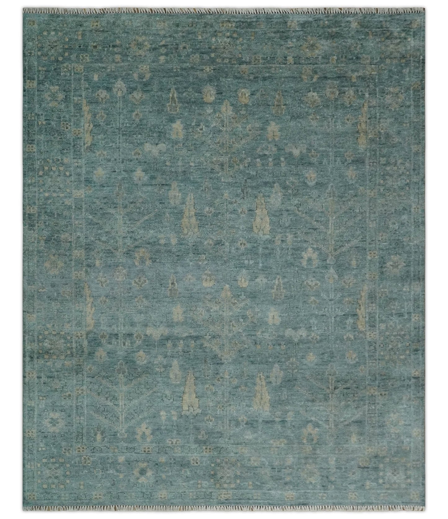 Custom Made Tree of Life Hand Knotted Teal and Beige Traditional Oushak Wool Area Rug