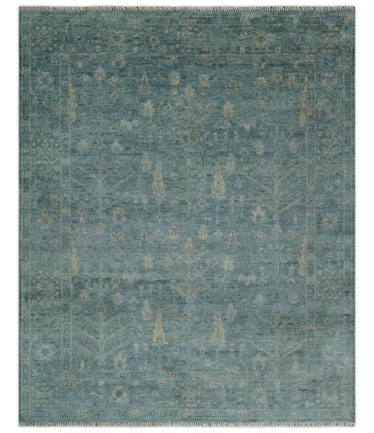 Custom Made Tree of Life Hand Knotted Teal and Beige Traditional Oushak Wool Area Rug
