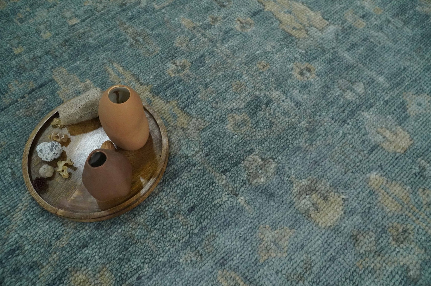 Custom Made Tree of Life Hand Knotted Teal and Beige Traditional Oushak Wool Area Rug