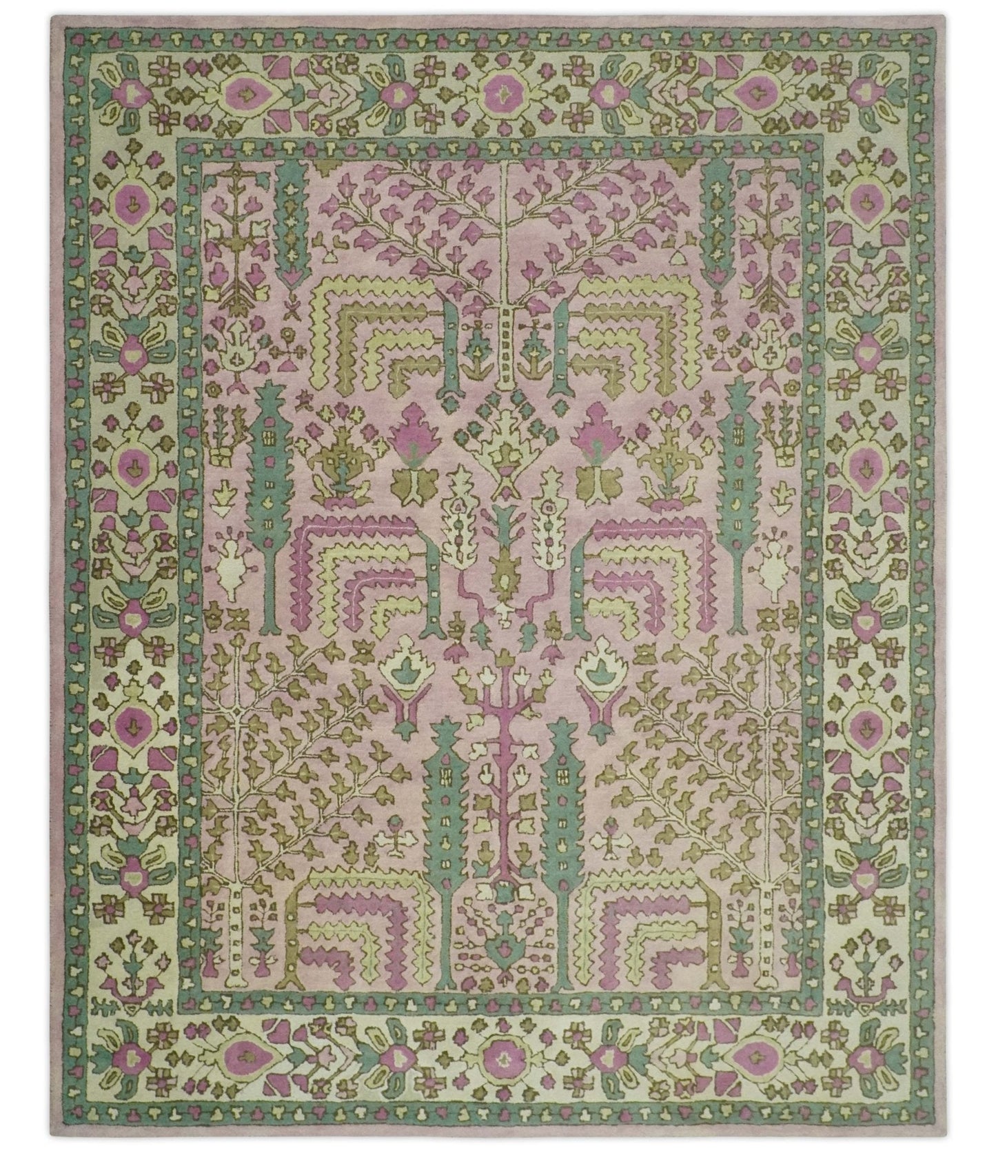 Custom Made Tree of life Traditional Floral Light Purple, Green, Olive and Beige Hand Tufted wool Area Rug