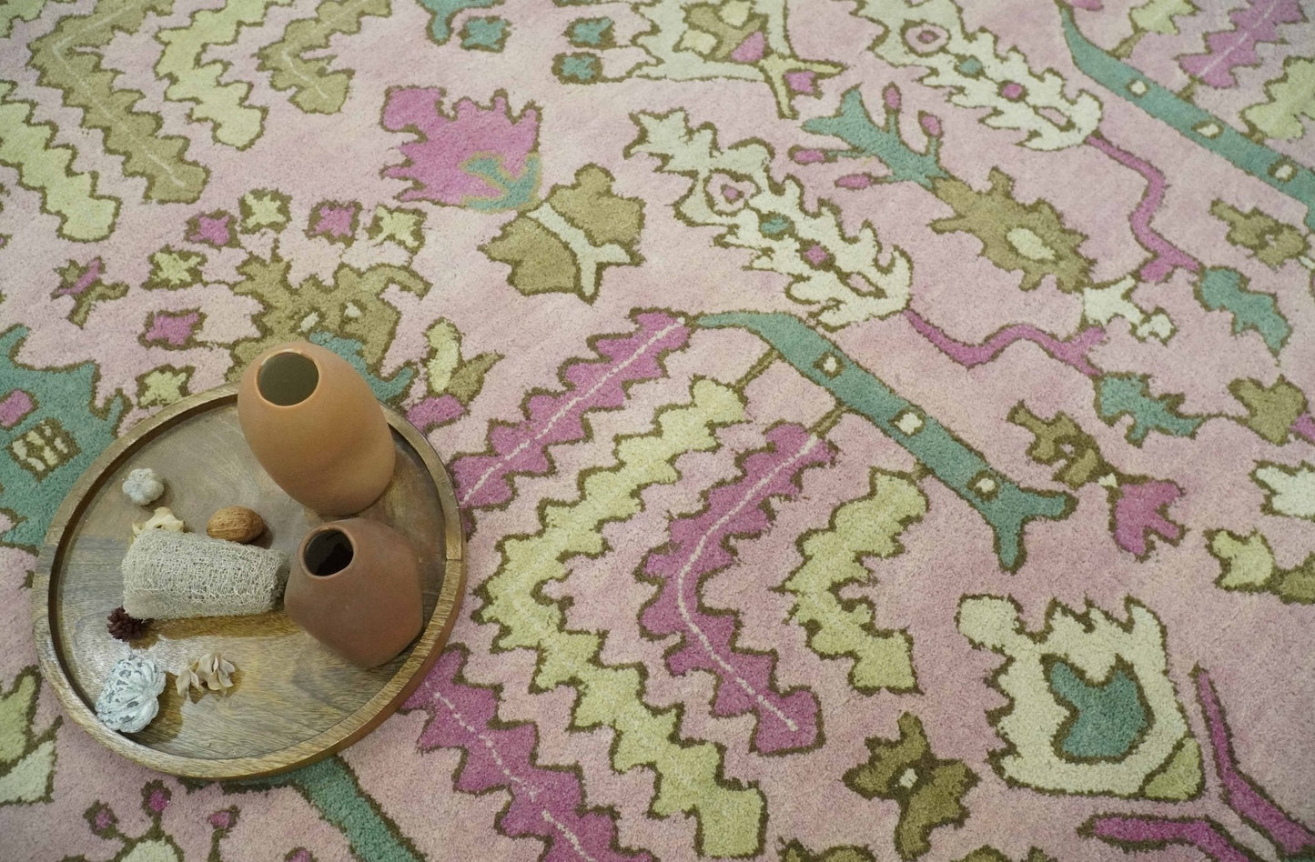 Custom Made Tree of life Traditional Floral Light Purple, Green, Olive and Beige Hand Tufted wool Area Rug