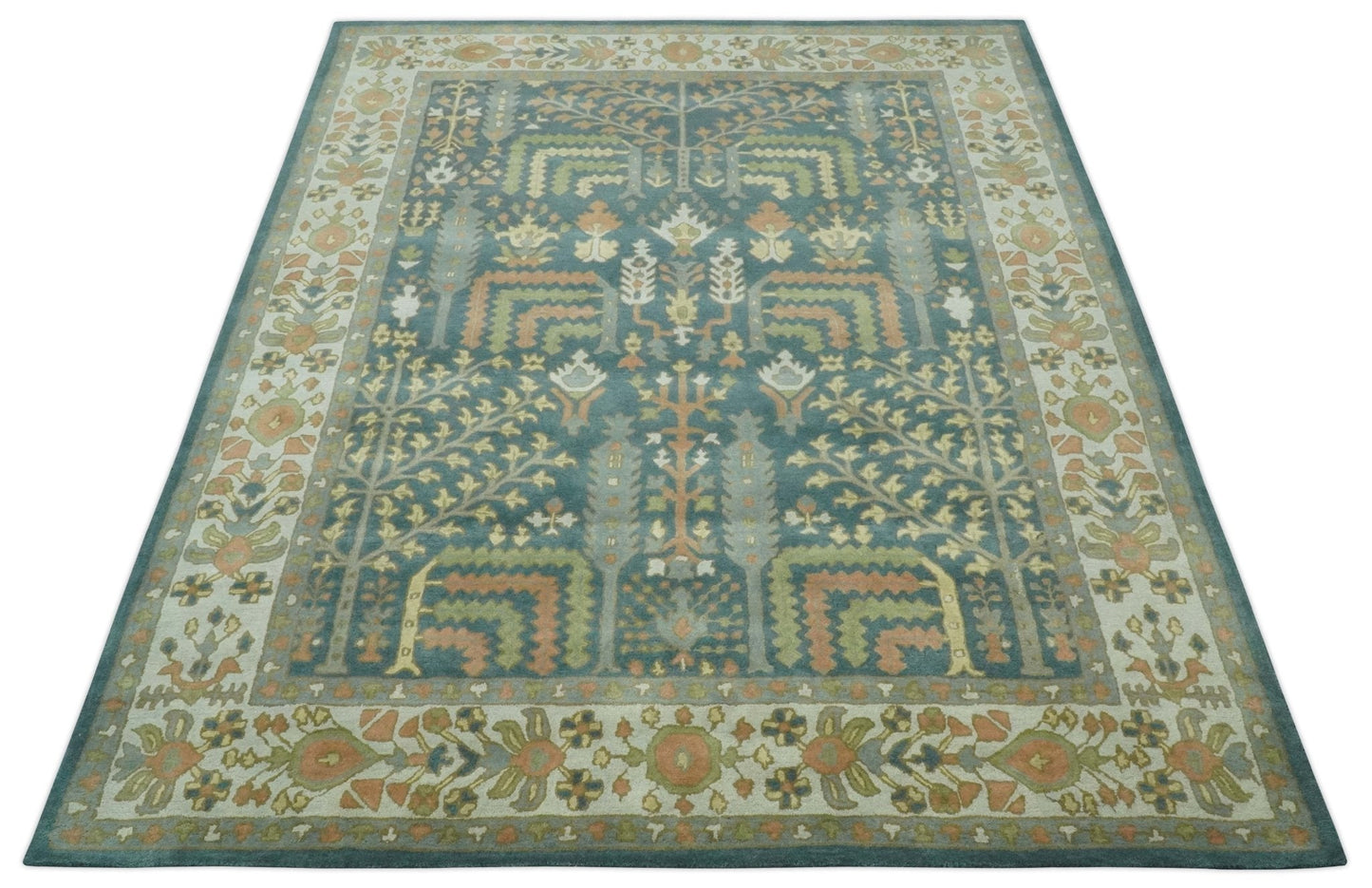Custom Made Tree of life Traditional Teal, Silver, Green and Dark Peach wool Rug