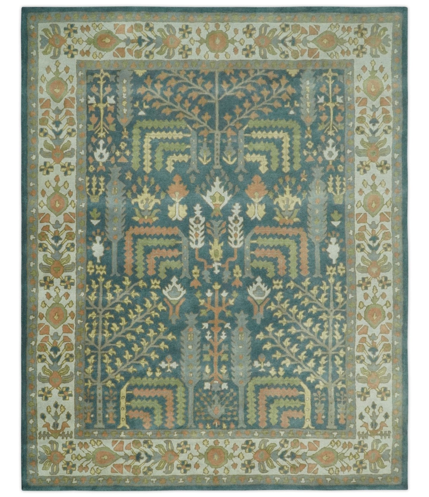Custom Made Tree of life Traditional Teal, Silver, Green and Dark Peach wool Rug