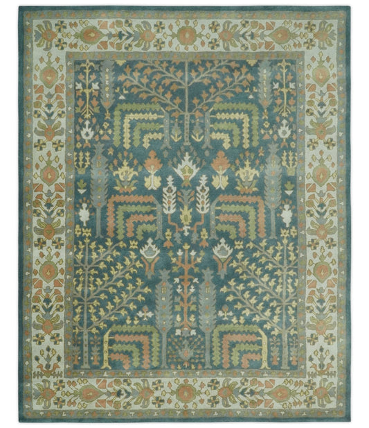 Custom Made Tree of life Traditional Teal, Silver, Green and Dark Peach wool Rug