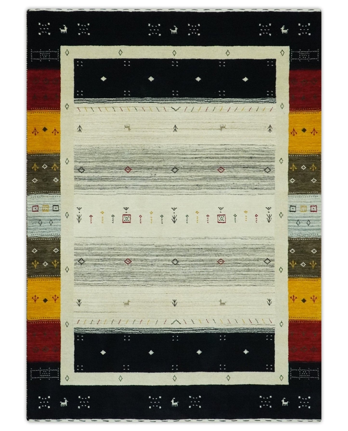 Custom Made Tribal Gabbeh Ivory, Black, Gold and Maroon Stripes design Traditional Wool Area Rug