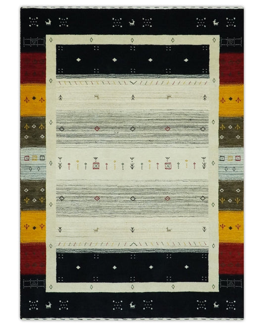 Custom Made Tribal Gabbeh Ivory, Black, Gold and Maroon Stripes design Traditional Wool Area Rug