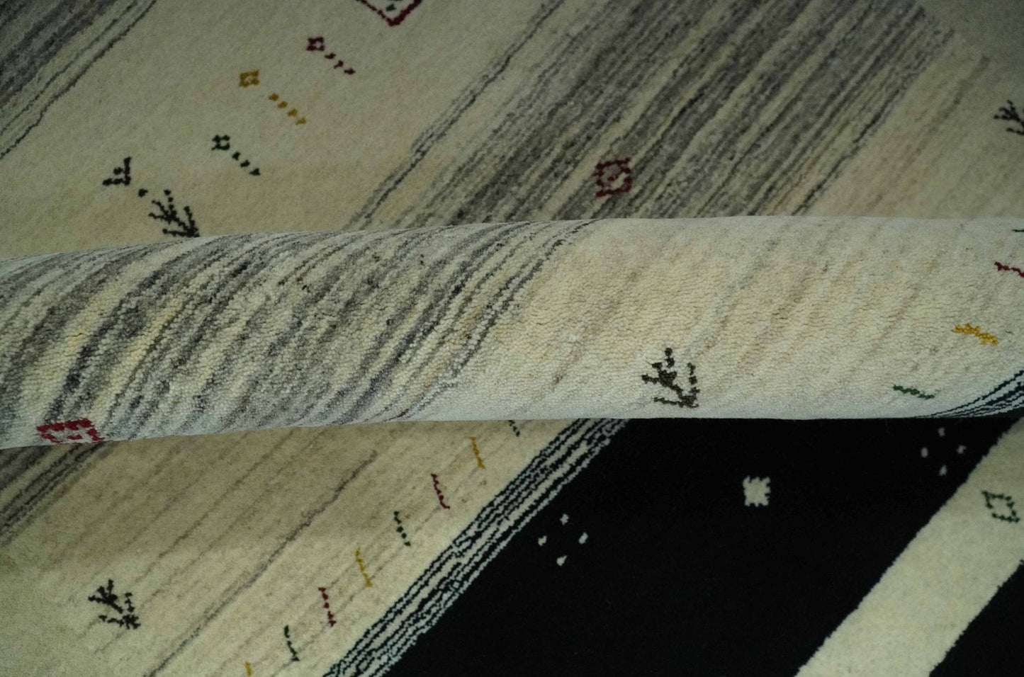 Custom Made Tribal Gabbeh Ivory, Black, Gold and Maroon Stripes design Traditional Wool Area Rug