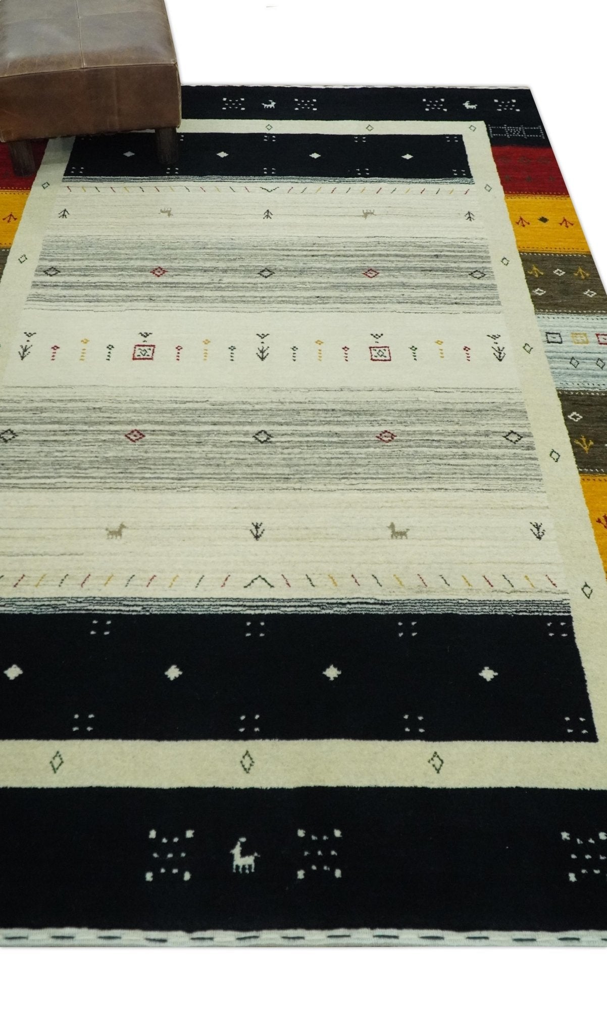 Custom Made Tribal Gabbeh Ivory, Black, Gold and Maroon Stripes design Traditional Wool Area Rug