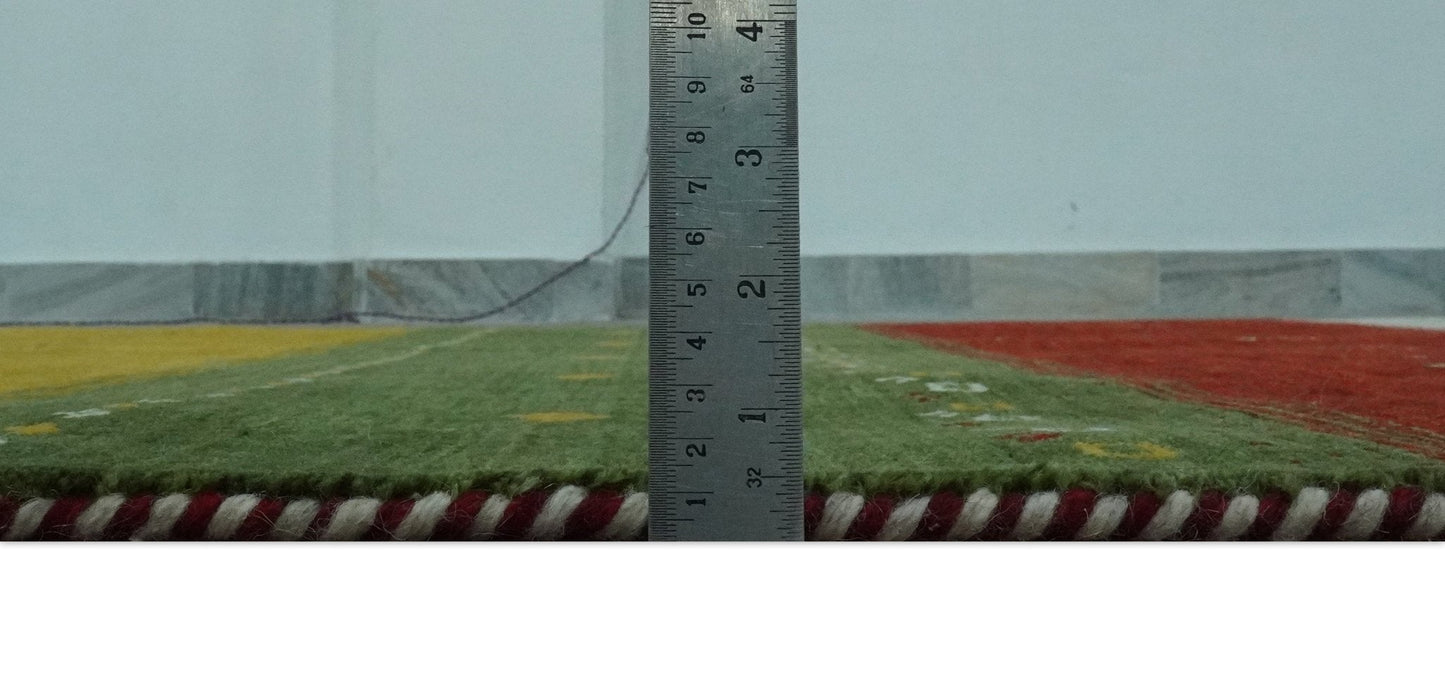 Custom Made Tribal Gabbeh Ivory, Gold, Green and Maroon Geometrical Stripes Design Wool area Rug