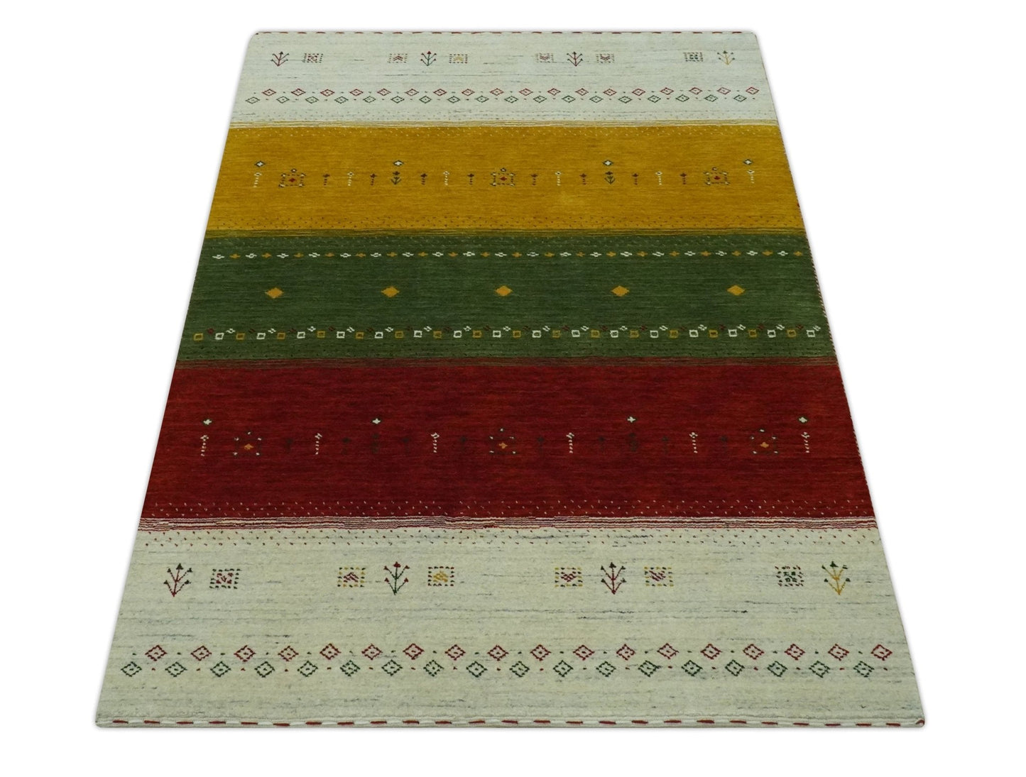 Custom Made Tribal Gabbeh Ivory, Gold, Green and Maroon Geometrical Stripes Design Wool area Rug