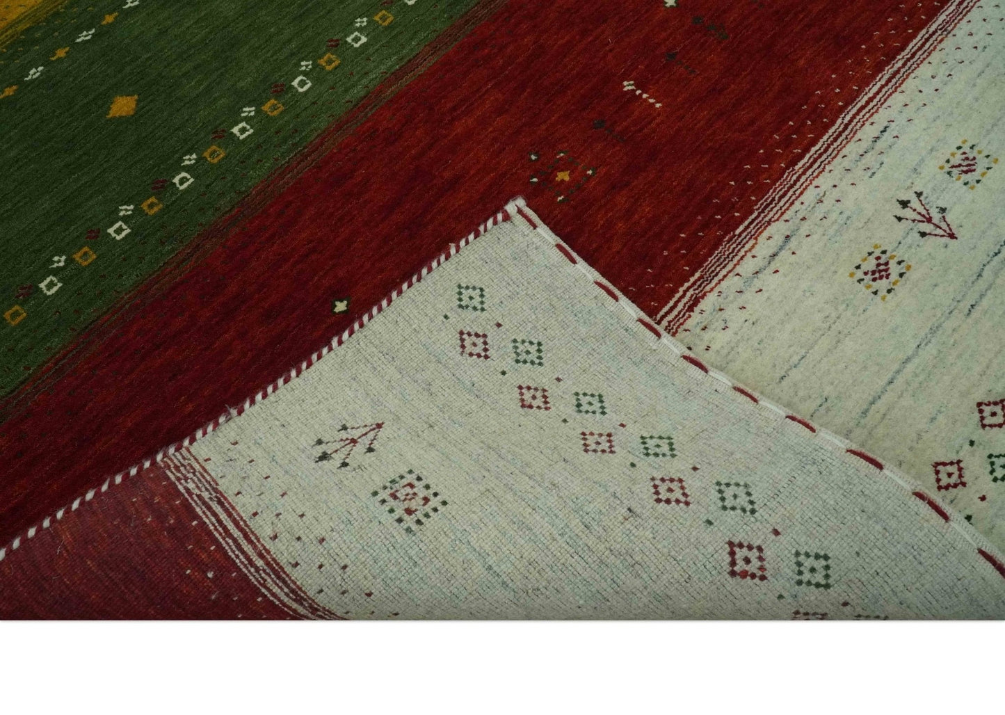 Custom Made Tribal Gabbeh Ivory, Gold, Green and Maroon Geometrical Stripes Design Wool area Rug