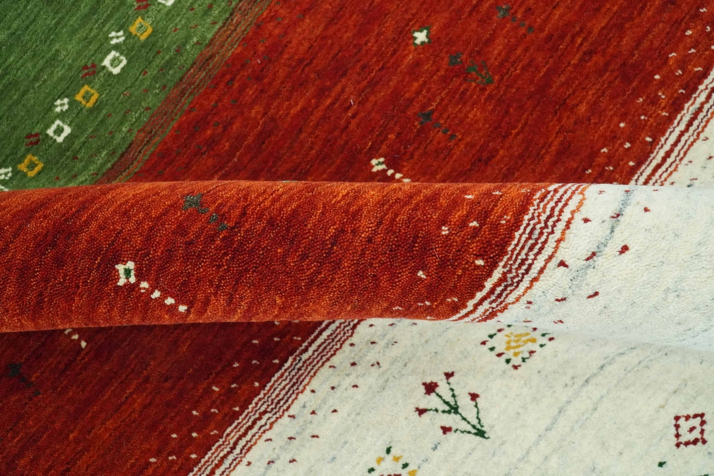 Custom Made Tribal Gabbeh Ivory, Gold, Green and Maroon Geometrical Stripes Design Wool area Rug