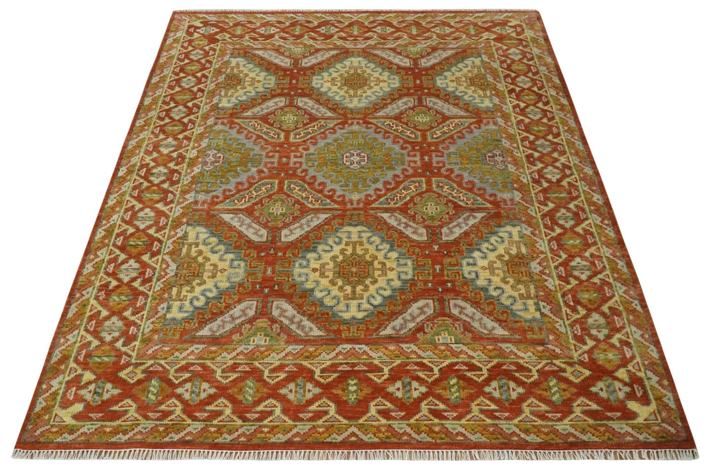 Custom Made Tribal Motifs Hand Knotted Rust, Gold and Blue Oriental Traditional Wool Area Rug