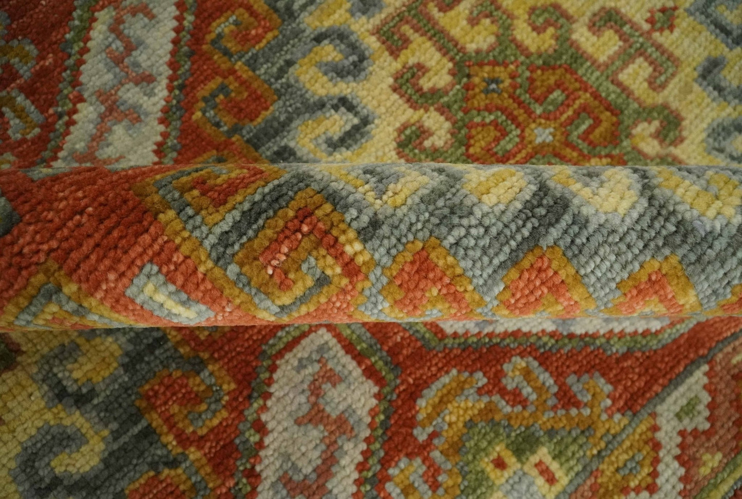 Custom Made Tribal Motifs Hand Knotted Rust, Gold and Blue Oriental Traditional Wool Area Rug