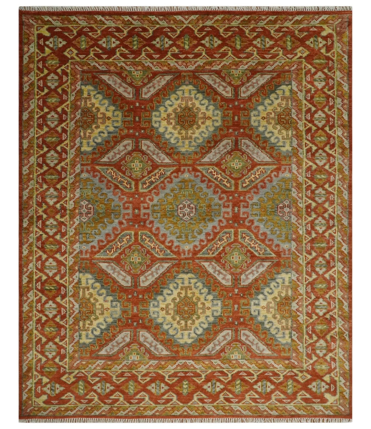 Custom Made Tribal Motifs Hand Knotted Rust, Gold and Blue Oriental Traditional Wool Area Rug