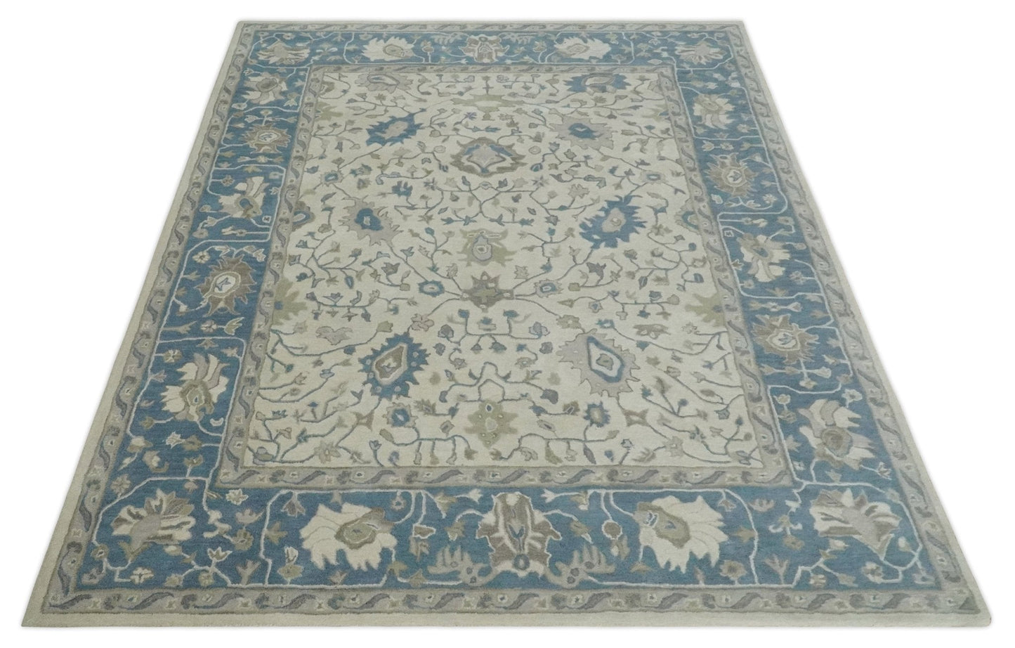 Custom Made Tufted Beige and Blue Traditional Wool Oushak Rug