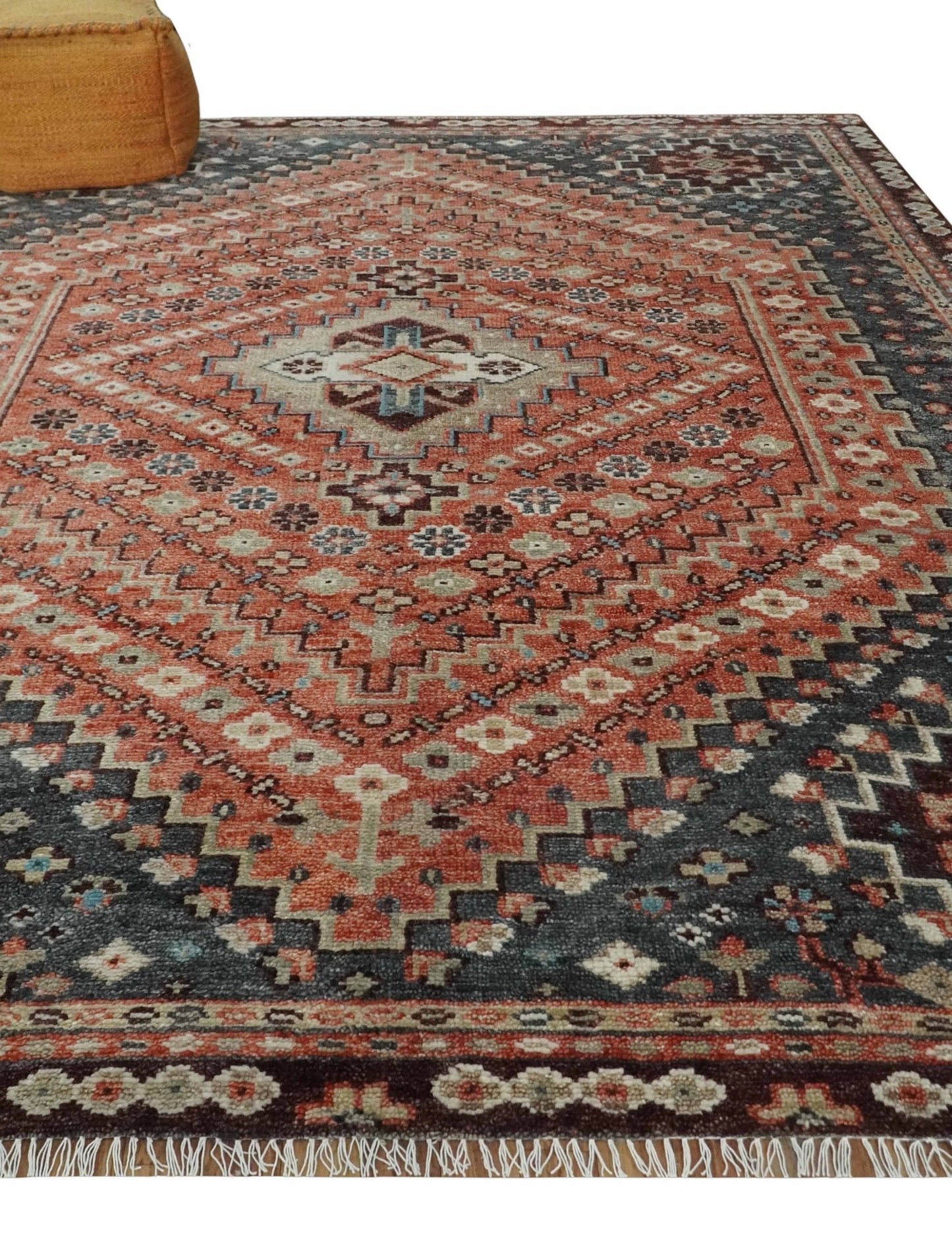 Custom Made Turkish Style Rust and Charcoal Traditional Medallion Hand knotted wool Area Rug
