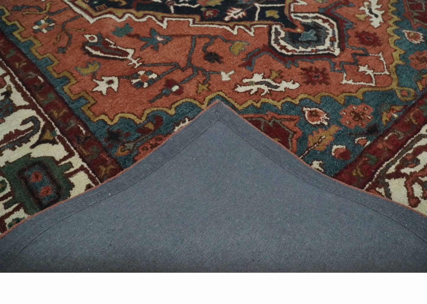 Custom Made Vintage Style Black, Rust, Teal and Ivory Hand Tufted Traditional wool Area Rug