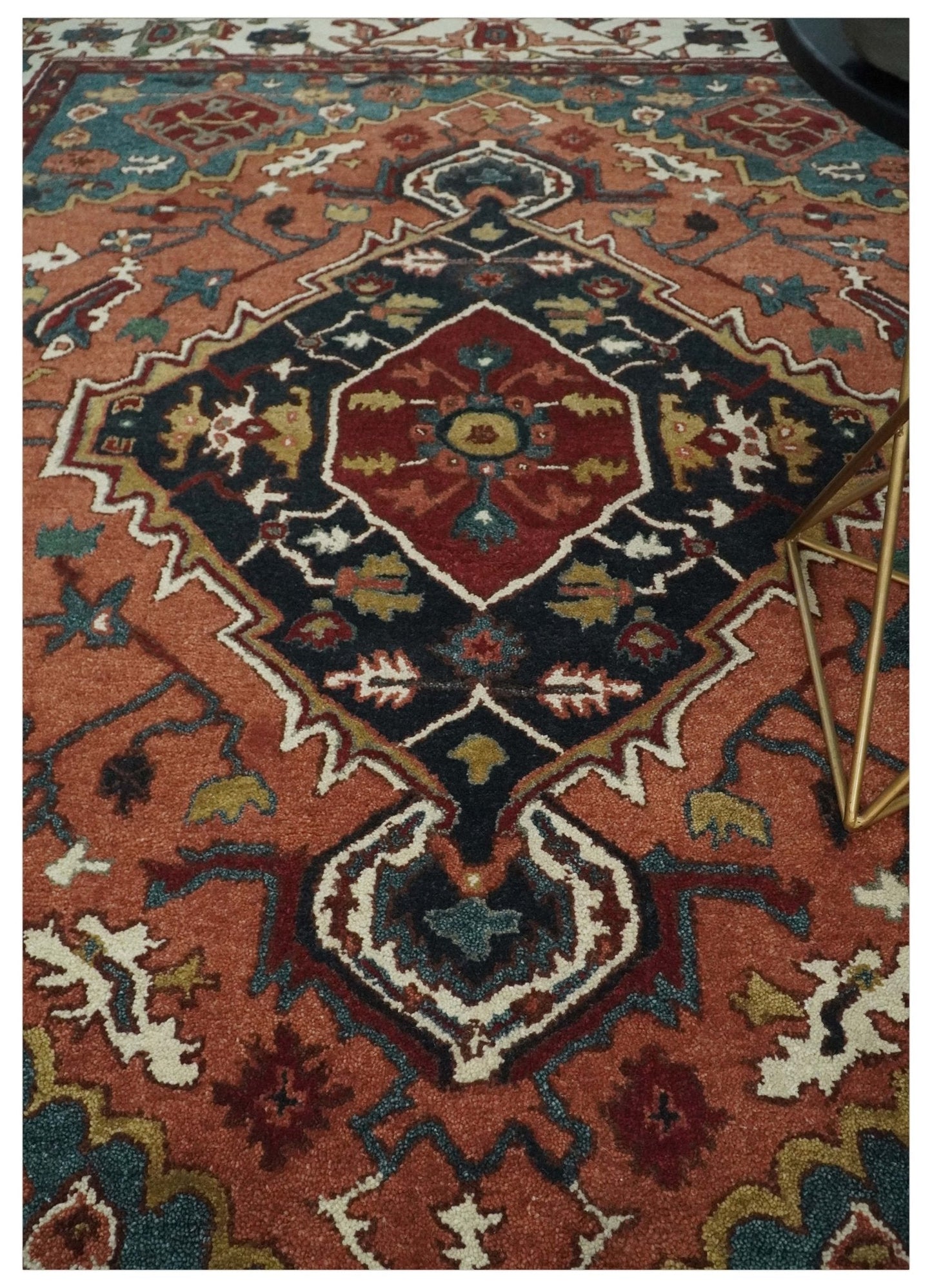Custom Made Vintage Style Black, Rust, Teal and Ivory Hand Tufted Traditional wool Area Rug