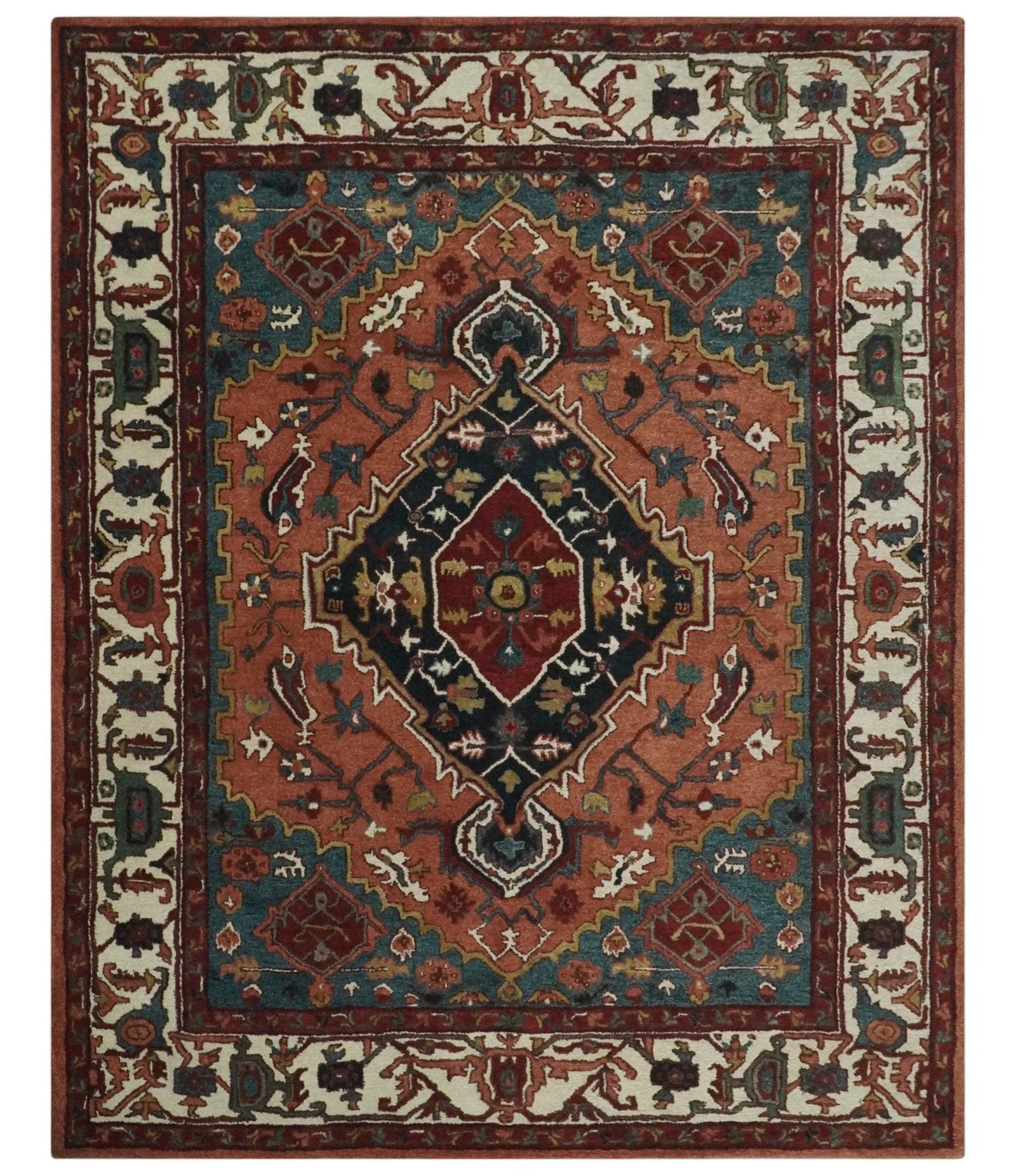 Custom Made Vintage Style Black, Rust, Teal and Ivory Hand Tufted Traditional wool Area Rug