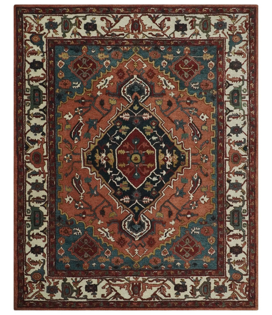 Custom Made Vintage Style Black, Rust, Teal and Ivory Hand Tufted Traditional wool Area Rug