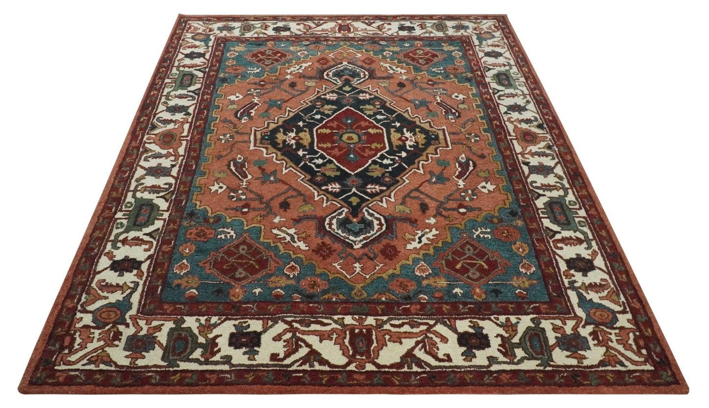 Custom Made Vintage Style Black, Rust, Teal and Ivory Hand Tufted Traditional wool Area Rug