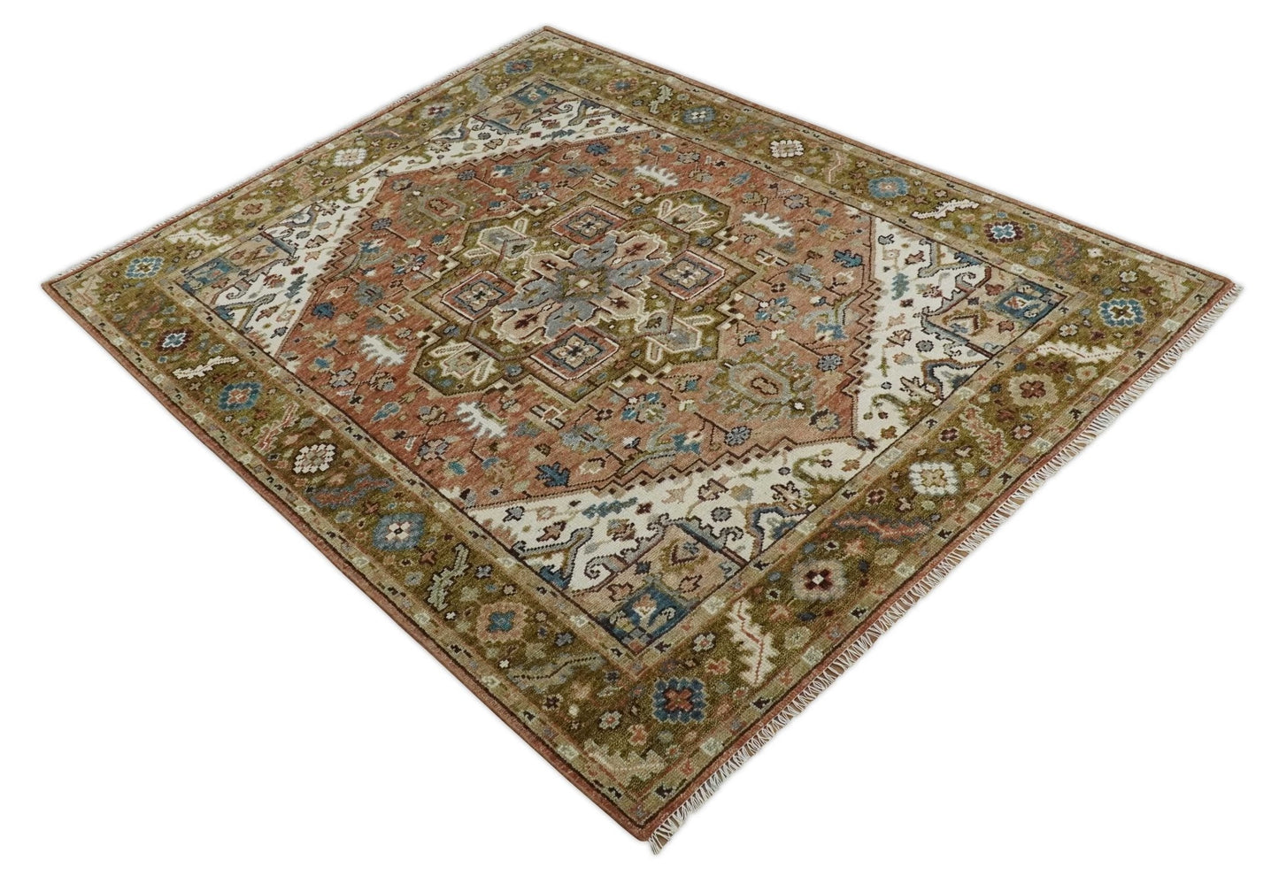 Custom Made Vintage Style Olive, Rust and Ivory Hand knotted Traditional wool Area Rug