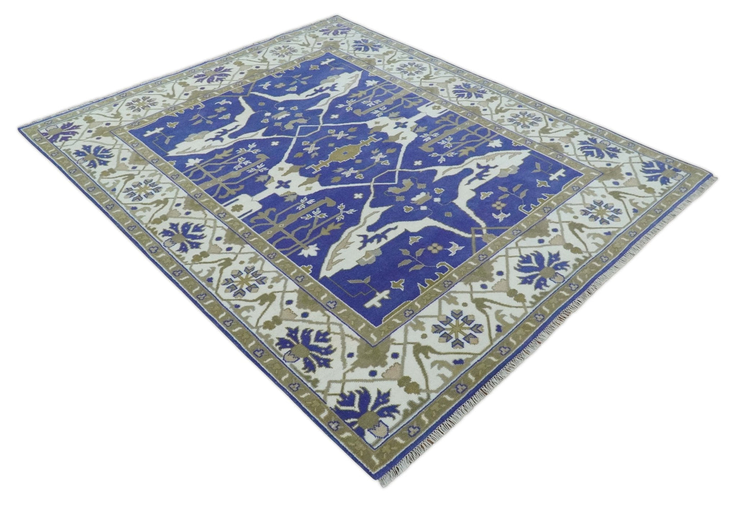 Custom Made Violet, Ivory and Olive Traditional Hand knotted Oriental Oushak wool Area Rug