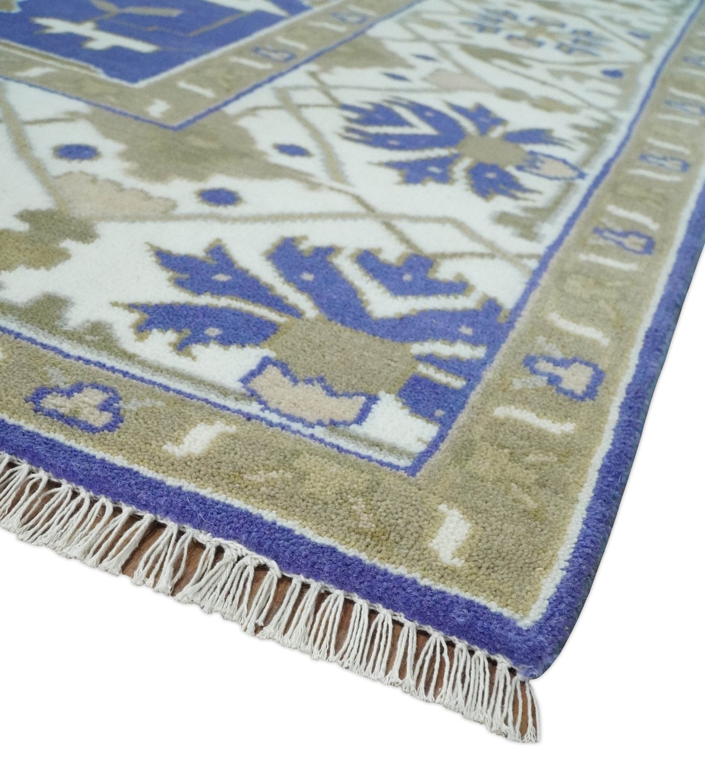 Custom Made Violet, Ivory and Olive Traditional Hand knotted Oriental Oushak wool Area Rug