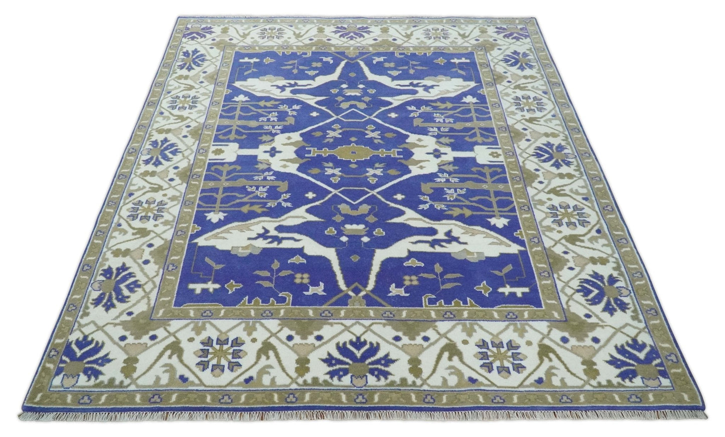 Custom Made Violet, Ivory and Olive Traditional Hand knotted Oriental Oushak wool Area Rug