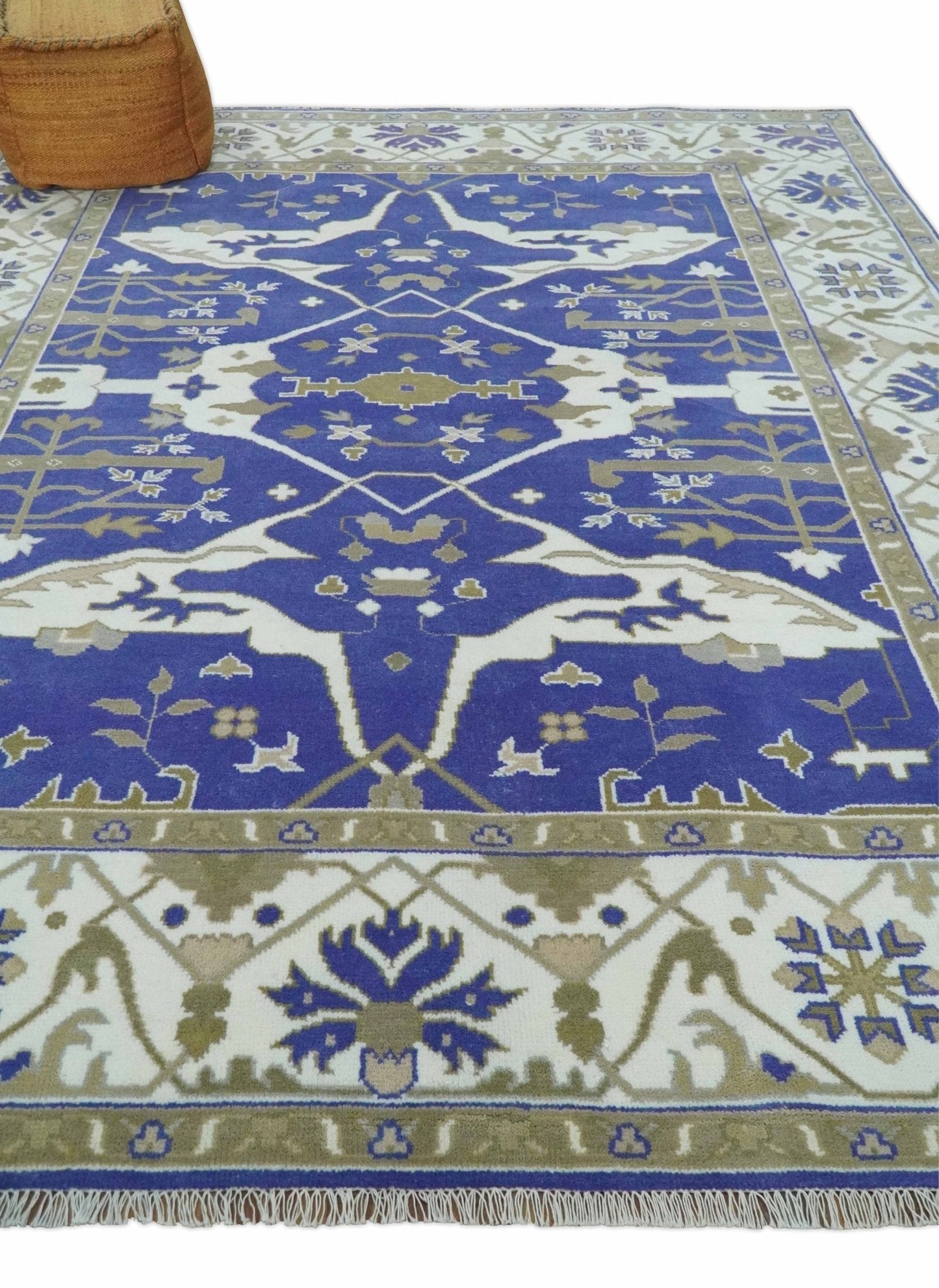 Custom Made Violet, Ivory and Olive Traditional Hand knotted Oriental Oushak wool Area Rug