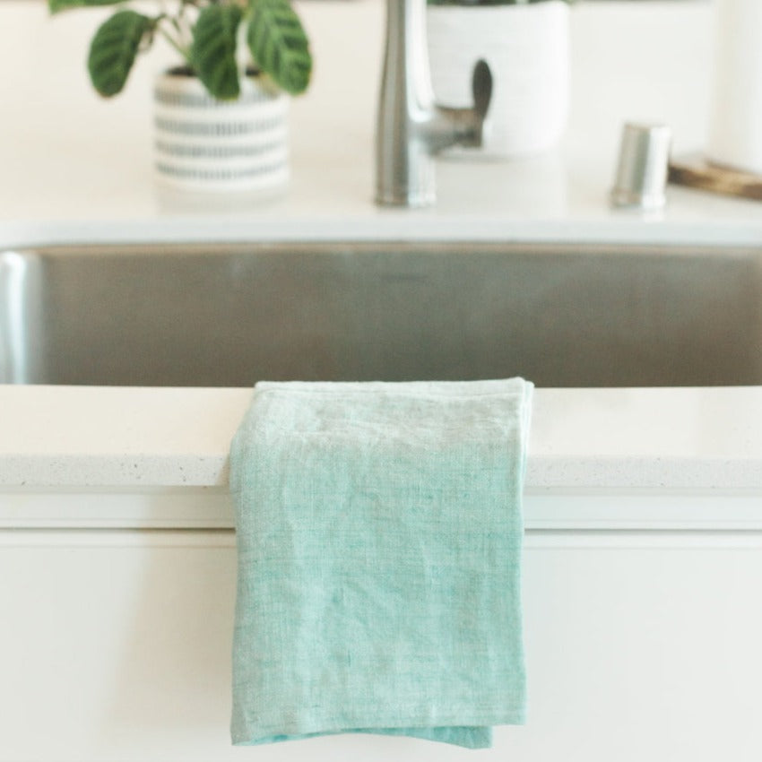 Stone Washed Linen Tea Towel - Ocean Spray