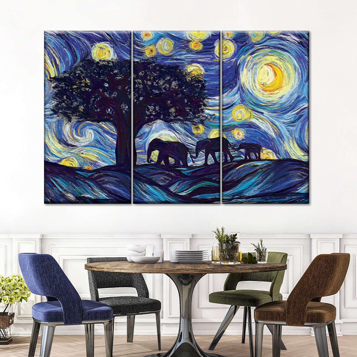 Elephant Family Starry Night Wall Art