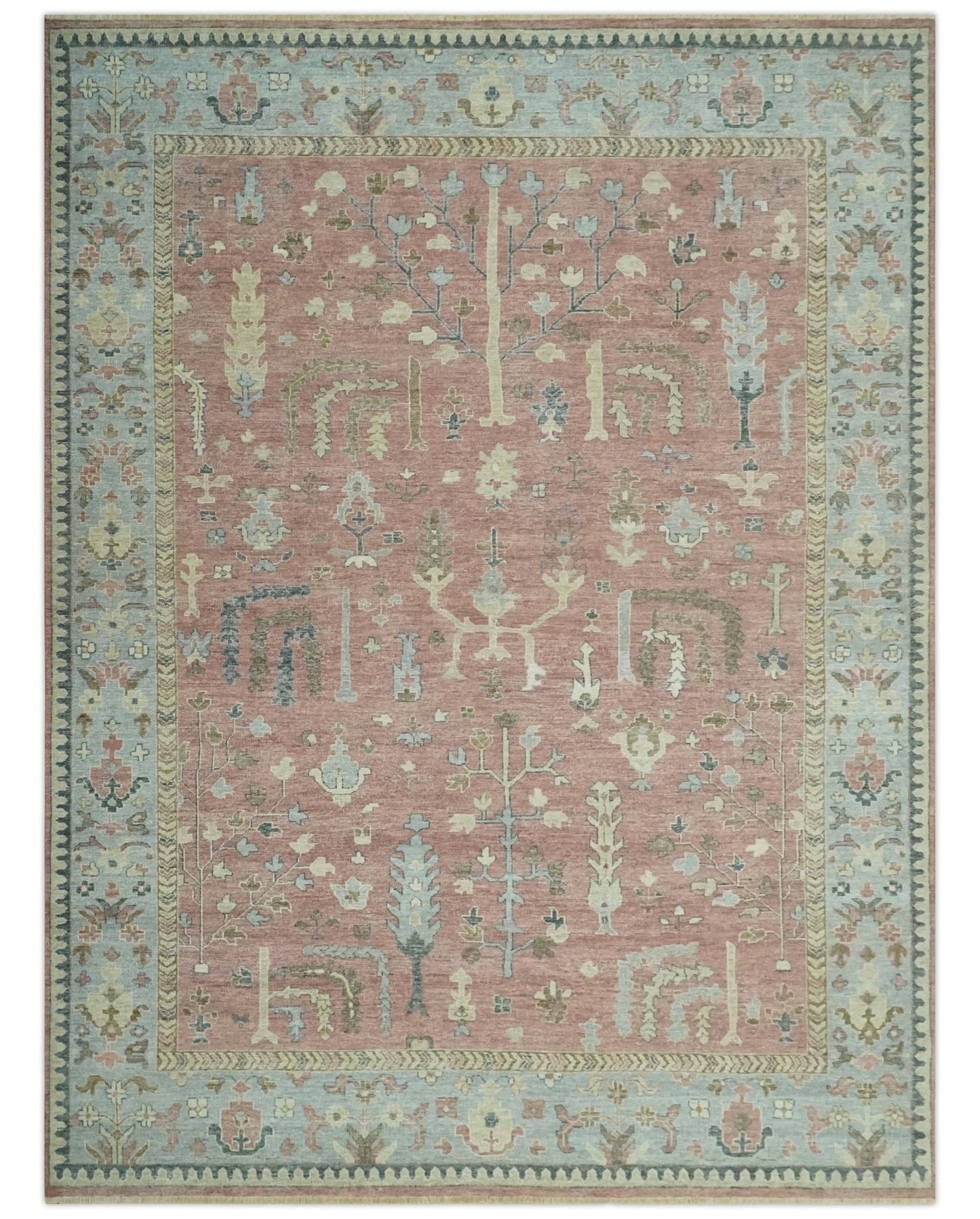 Distress Finished Tree of Life Hand Knotted Rust and Silver Custom Made Wool Rug