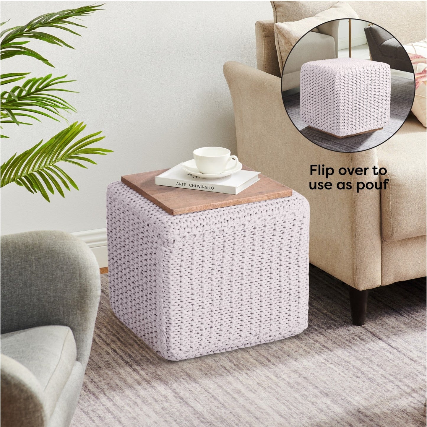 Amayah Pouf with Wooden Tray