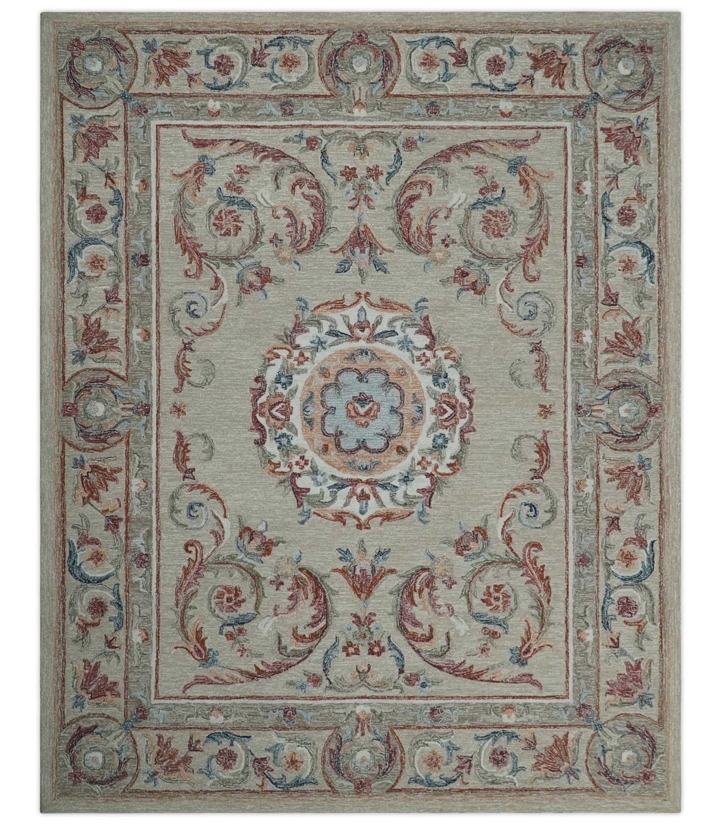 French Inspired Aubusson design Custom Made Beige, Brown and Blue Hand Tufted wool Area Rug