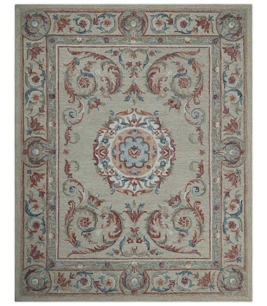 French Inspired Aubusson design Custom Made Beige, Brown and Blue Hand Tufted wool Area Rug