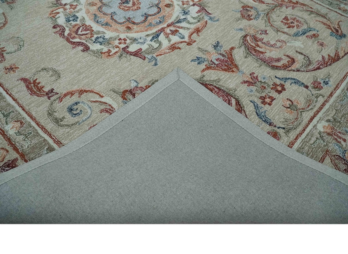 French Inspired Aubusson design Custom Made Beige, Brown and Blue Hand Tufted wool Area Rug