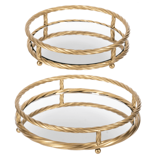 Round Gold Twisted Frame Tray with Mirror Inlay (2 pc. set)