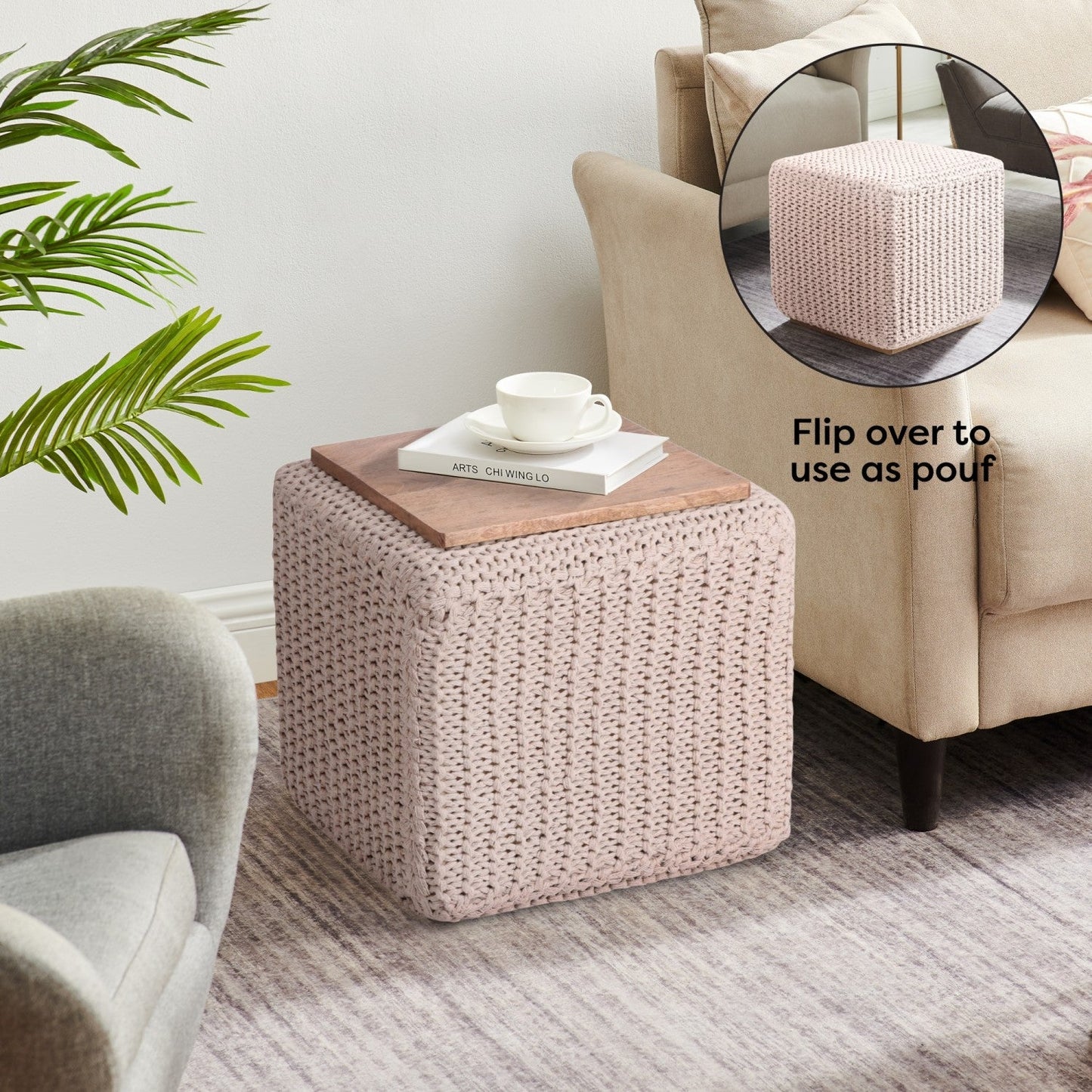 Amayah Pouf with Wooden Tray