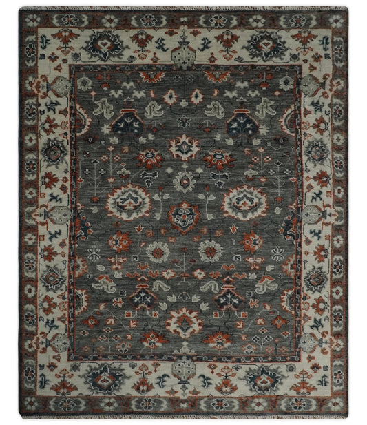 Charcoal and Ivory Hand Knotted Traditional Oushak Custom Made Wool Area Rug